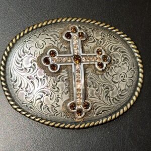Nocona Buckles Amber Stones Cross Silver Gold Tone Metal Oval Belt Buckle Cowboy